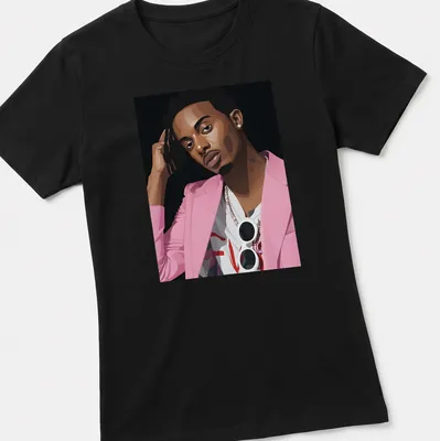 Vector art illustration of Playboi Carty in pink, black, and white — printed on a women's shirt