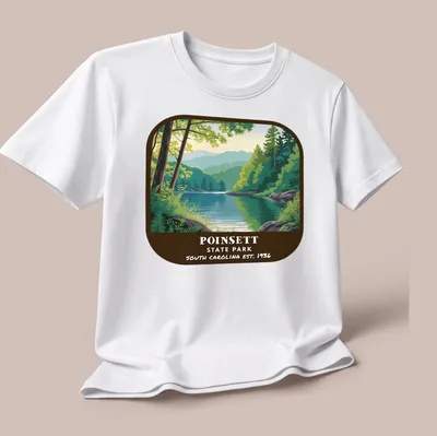 Vintage landscape illustration of Poinsett State Park with park name and establishment year — printed on a unisex t-shirt (angled view)