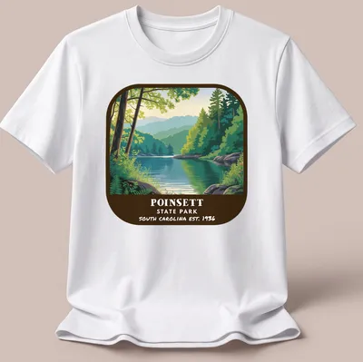 Vintage landscape illustration of Poinsett State Park with park name and establishment year — printed on a unisex t-shirt