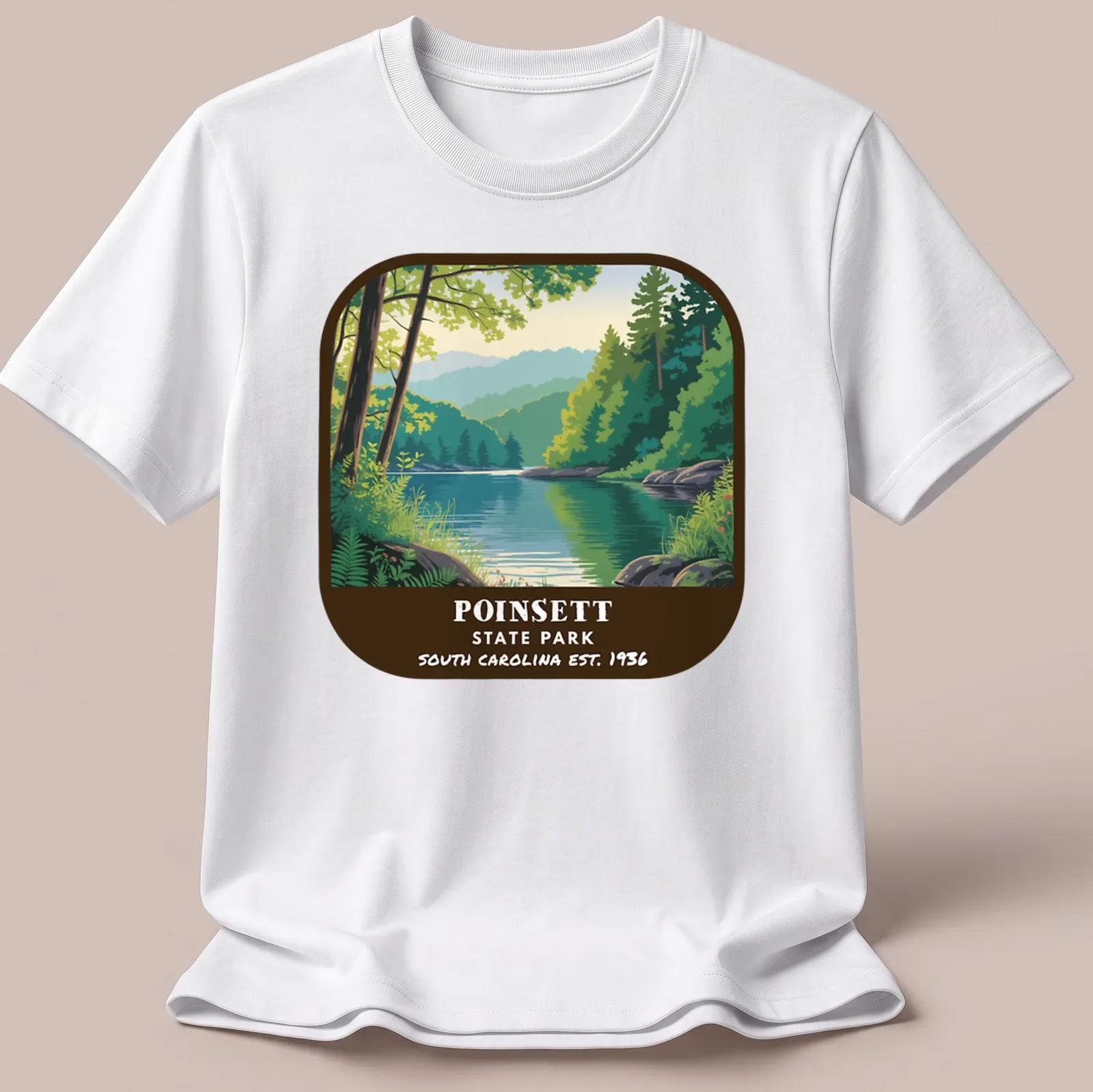 Vintage landscape illustration of Poinsett State Park with park name and establishment year — printed on a unisex t-shirt