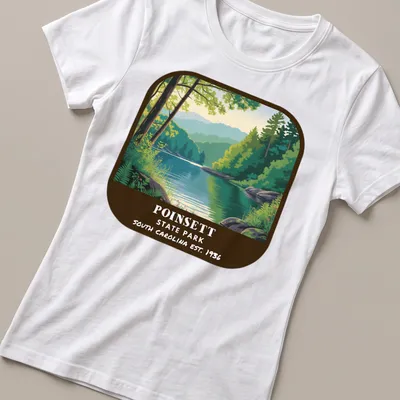 Vintage landscape illustration of Poinsett State Park with park name and establishment year — printed on a women's shirt