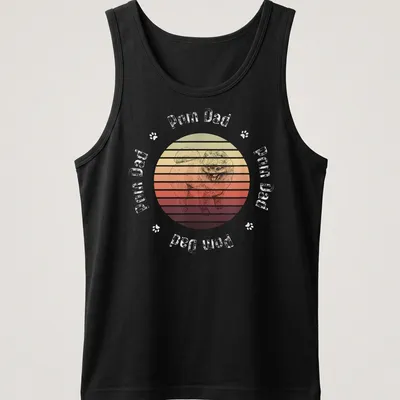 Retro sunset design featuring a cheerful Pomeranian with Pom Dad text — printed on a tank top