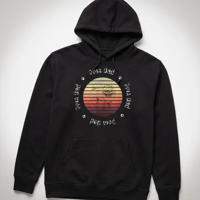 Retro sunset design featuring a cheerful Pomeranian with Pom Dad text — printed on a unisex hoodie