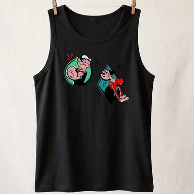 Cartoon design of Popeye and Olive Oyl with the text 'Popeye And Olive Love' — printed on a tank top