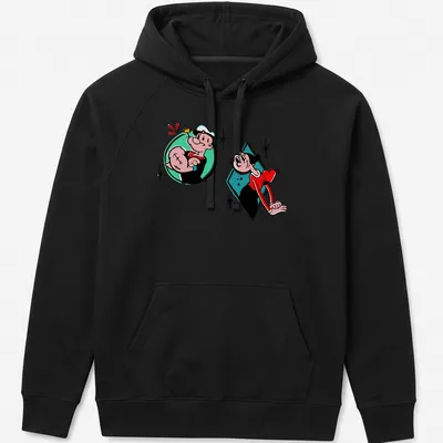 Cartoon design of Popeye and Olive Oyl with the text 'Popeye And Olive Love' — printed on a unisex hoodie