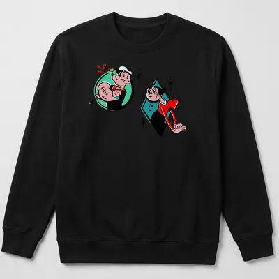 Cartoon design of Popeye and Olive Oyl with the text 'Popeye And Olive Love' — printed on a unisex sweatshirt