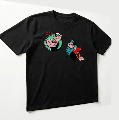 Cartoon design of Popeye and Olive Oyl with the text 'Popeye And Olive Love' — printed on a unisex t-shirt (angled view)