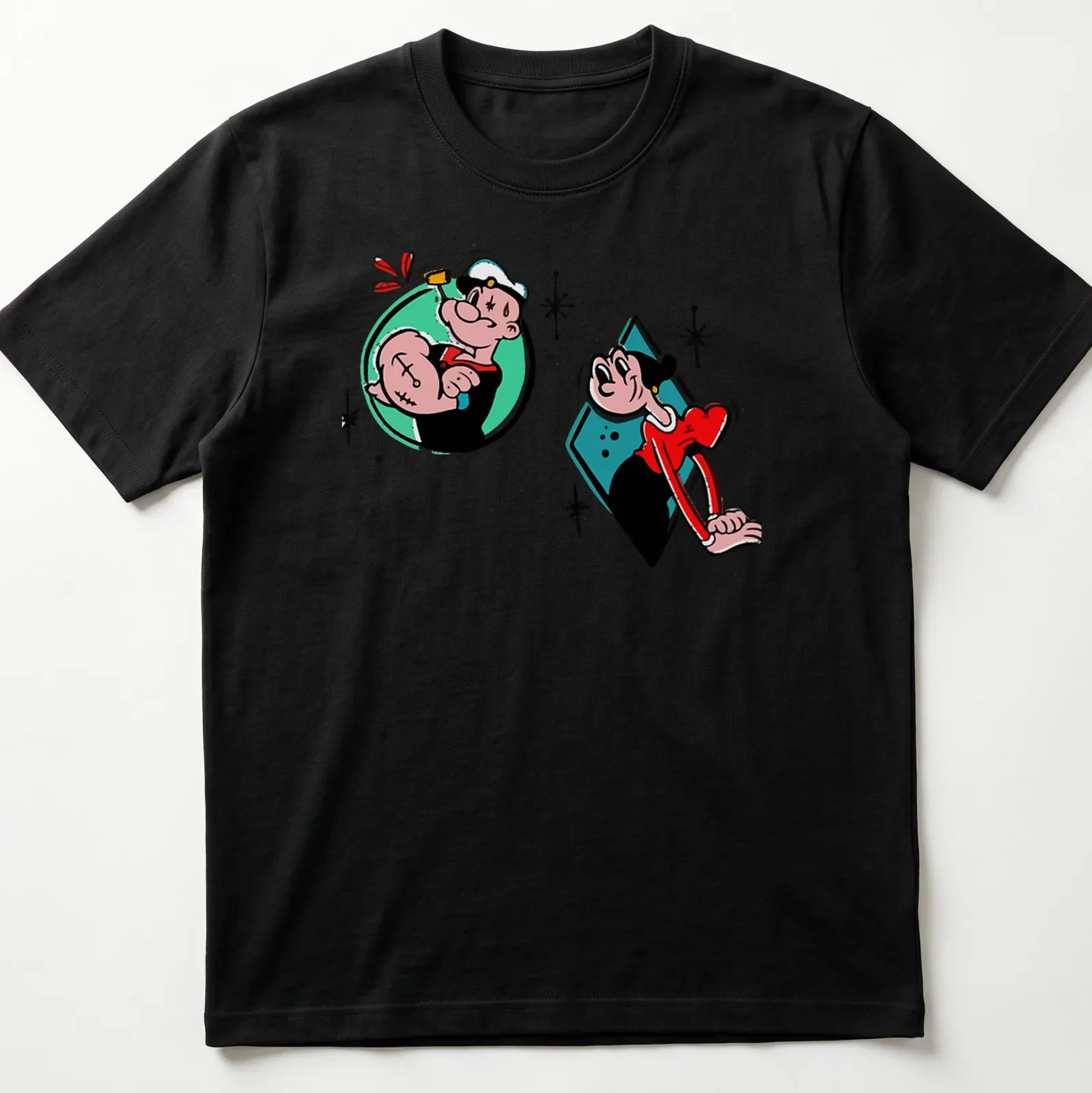 Cartoon design of Popeye and Olive Oyl with the text 'Popeye And Olive Love' — printed on a unisex t-shirt