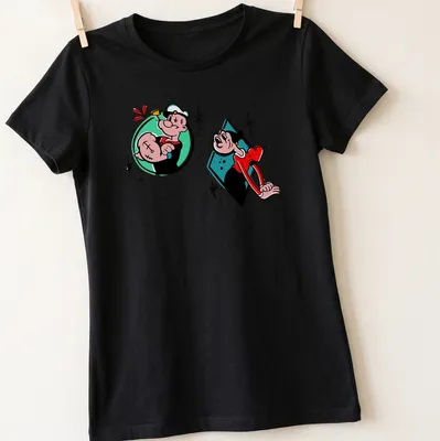 Cartoon design of Popeye and Olive Oyl with the text 'Popeye And Olive Love' — printed on a women's shirt