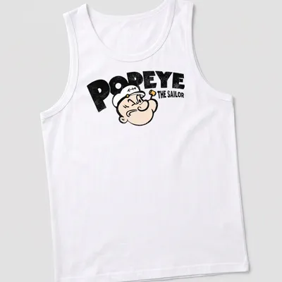 Vintage-style t-shirt featuring Popeye the Sailor in black, white, and cream. — printed on a tank top
