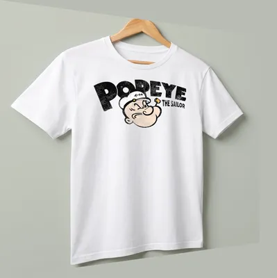Vintage-style t-shirt featuring Popeye the Sailor in black, white, and cream. — printed on a unisex t-shirt (angled view)