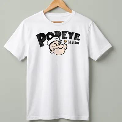 Vintage-style t-shirt featuring Popeye the Sailor in black, white, and cream.