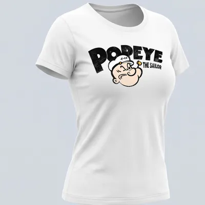 Vintage-style t-shirt featuring Popeye the Sailor in black, white, and cream. — printed on a women's shirt