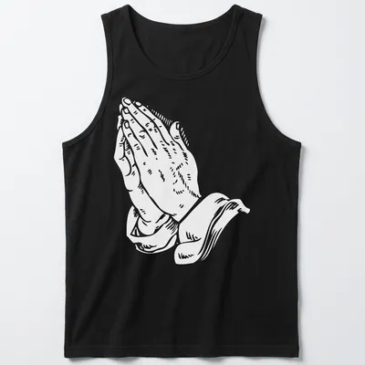 Text-based graphic of praying hands with religious phrases in white. — printed on a tank top