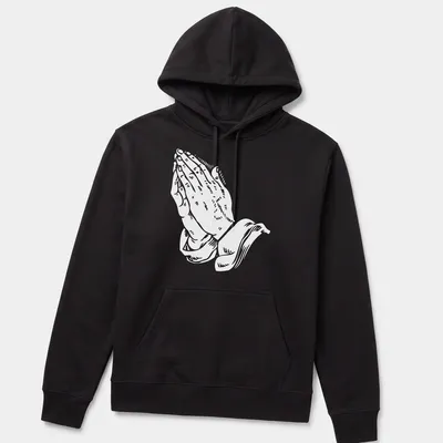 Text-based graphic of praying hands with religious phrases in white. — printed on a unisex hoodie