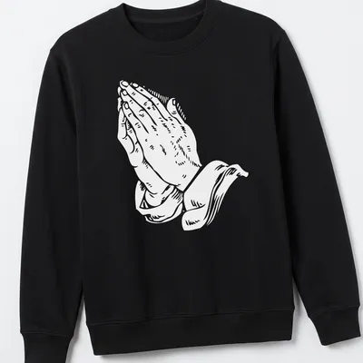 Text-based graphic of praying hands with religious phrases in white. — printed on a unisex sweatshirt