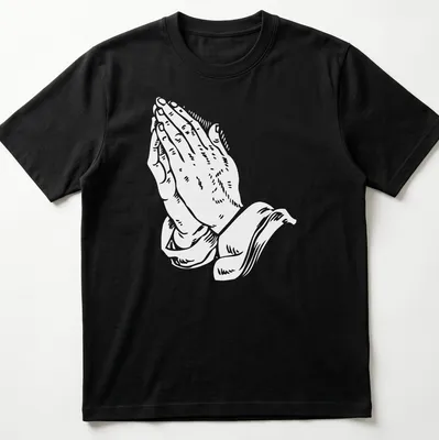 Text-based graphic of praying hands with religious phrases in white.