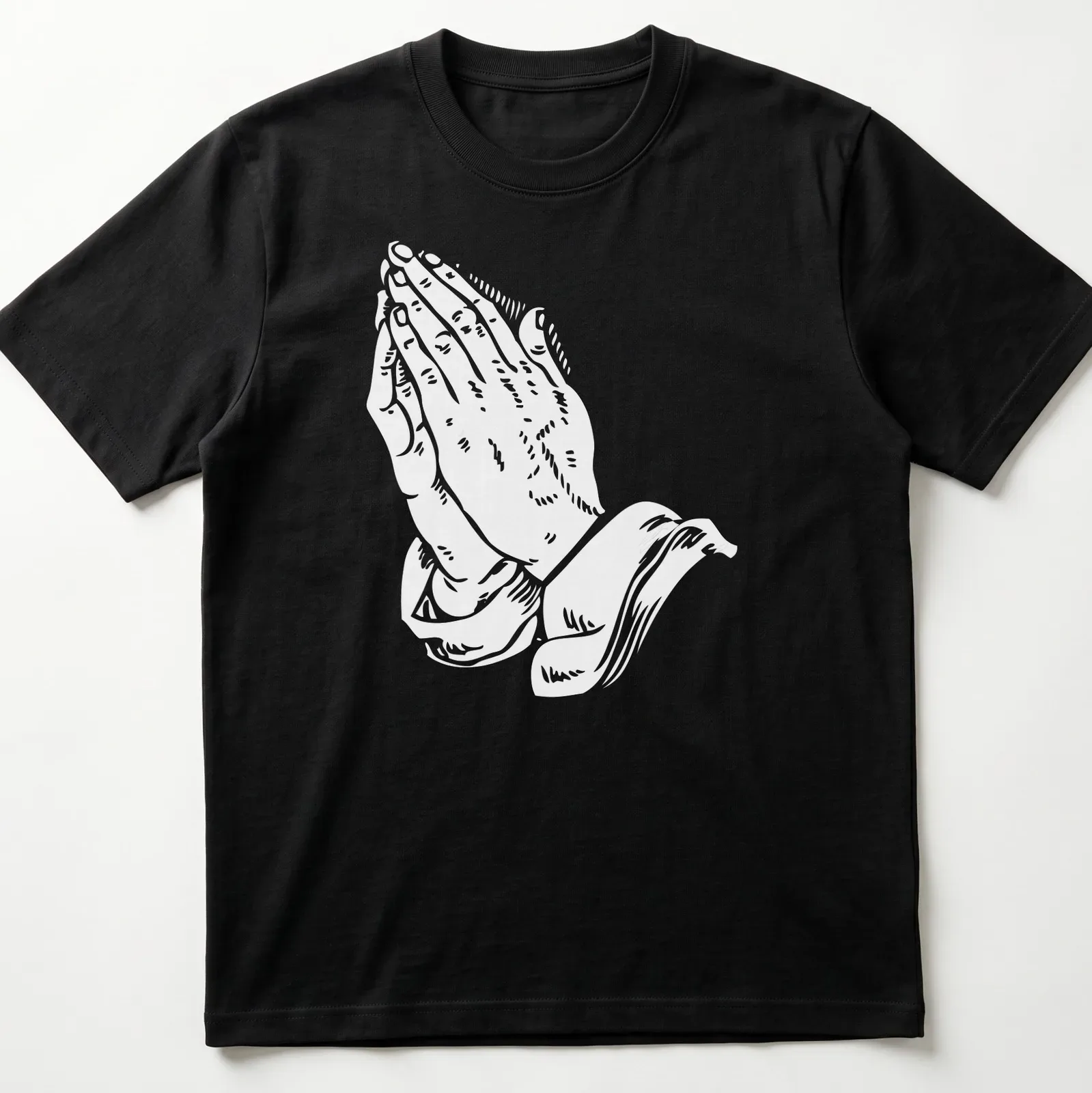 Text-based graphic of praying hands with religious phrases in white. — printed on a unisex t-shirt