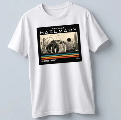 Retro vintage t-shirt featuring a large creature and human figure in vibrant colors.