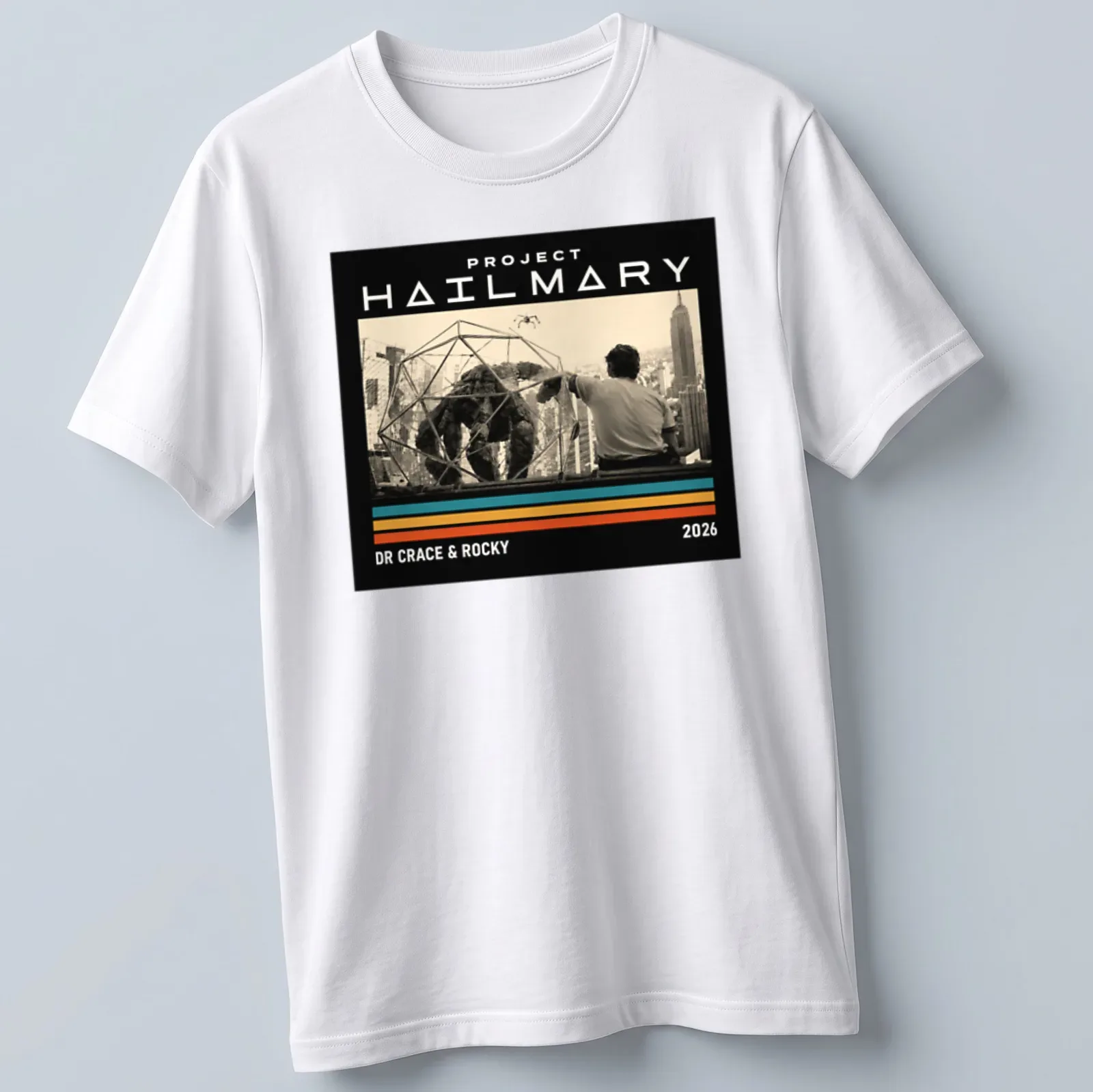 Retro vintage t-shirt featuring a large creature and human figure in vibrant colors. — printed on a unisex t-shirt