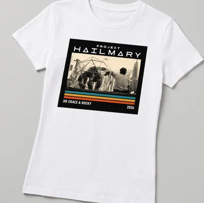 Retro vintage t-shirt featuring a large creature and human figure in vibrant colors. — printed on a women's shirt