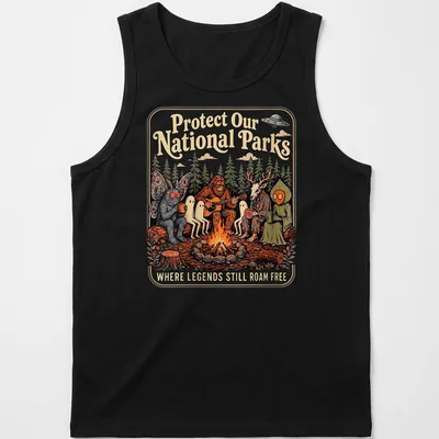 Vintage illustration of Bigfoot and Mothman around a campfire with text about protecting national parks. — printed on a tank top