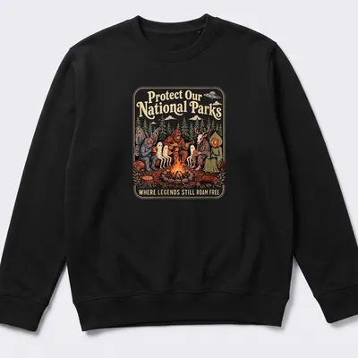 Vintage illustration of Bigfoot and Mothman around a campfire with text about protecting national parks. — printed on a unisex sweatshirt