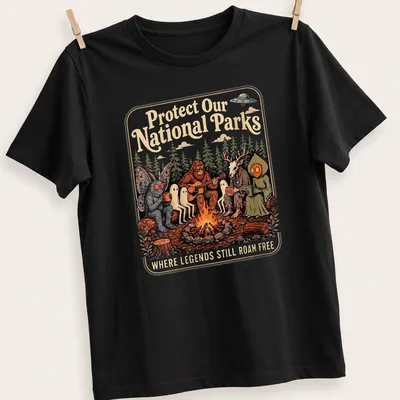 Vintage illustration of Bigfoot and Mothman around a campfire with text about protecting national parks.