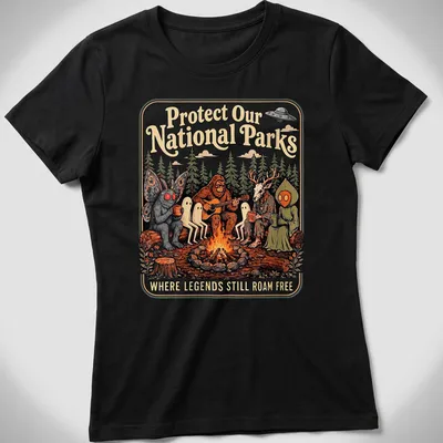 Vintage illustration of Bigfoot and Mothman around a campfire with text about protecting national parks. — printed on a women's shirt