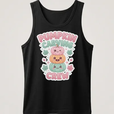 Cute cartoon pumpkins with text Pumpkin Carving Crew in pink, green, orange, and light blue — printed on a tank top