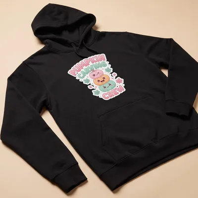 Cute cartoon pumpkins with text Pumpkin Carving Crew in pink, green, orange, and light blue — printed on a unisex hoodie