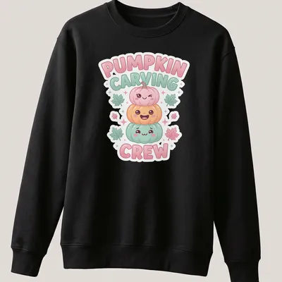 Cute cartoon pumpkins with text Pumpkin Carving Crew in pink, green, orange, and light blue — printed on a unisex sweatshirt