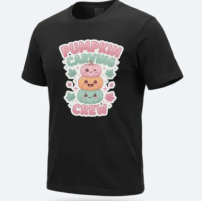 Cute cartoon pumpkins with text Pumpkin Carving Crew in pink, green, orange, and light blue — printed on a unisex t-shirt