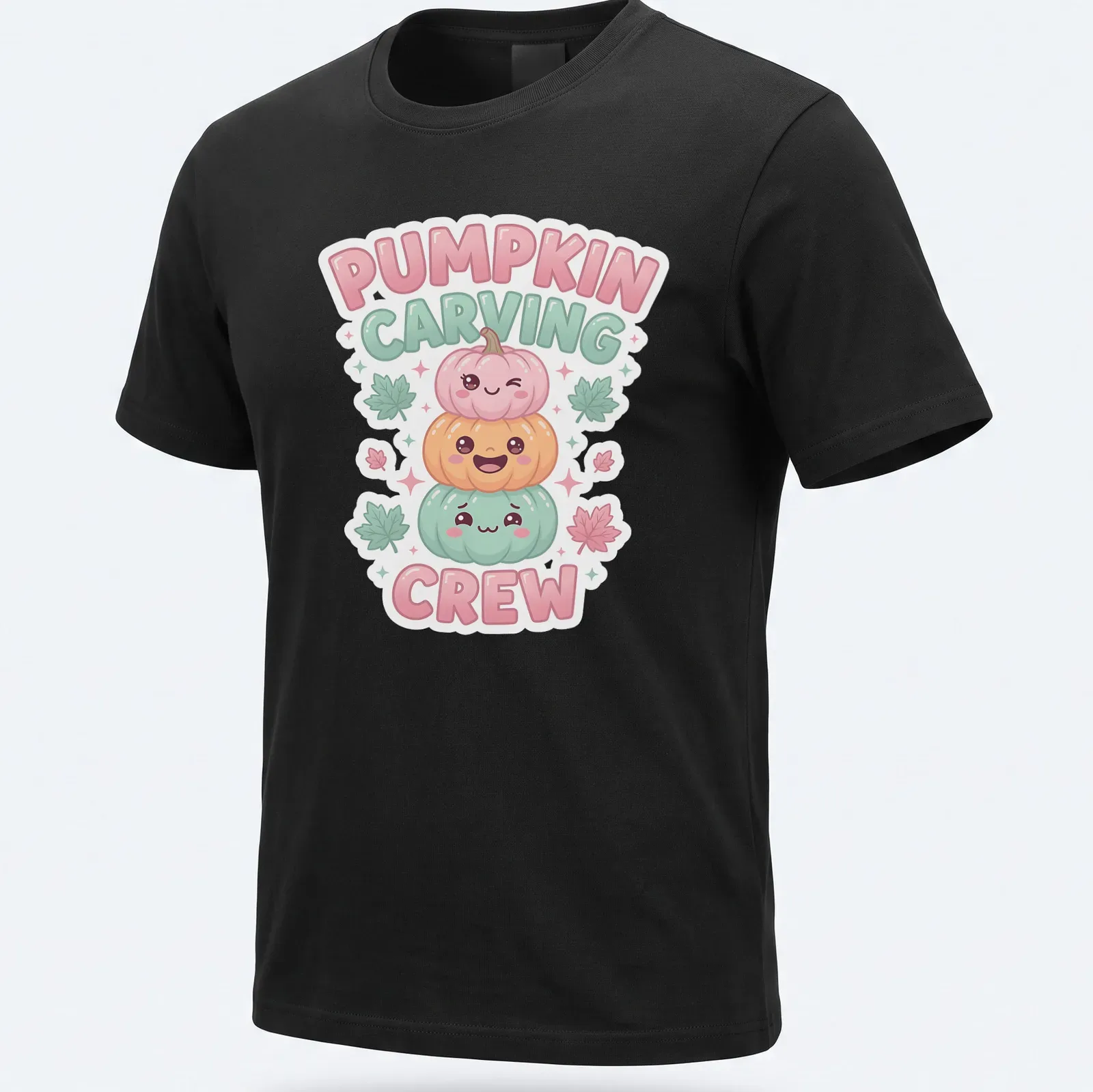 Cute cartoon pumpkins with text Pumpkin Carving Crew in pink, green, orange, and light blue — printed on a unisex t-shirt