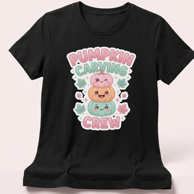 Cute cartoon pumpkins with text Pumpkin Carving Crew in pink, green, orange, and light blue — printed on a women's shirt