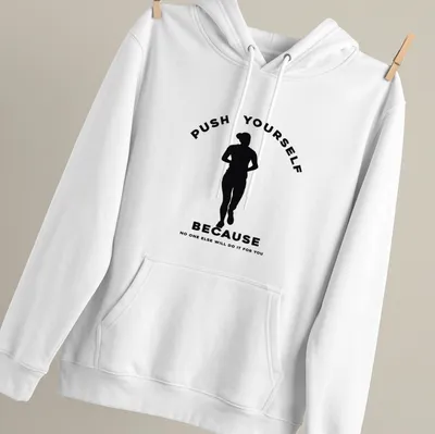 Minimalist motivational running t-shirt with bold text in black and white — printed on a unisex hoodie