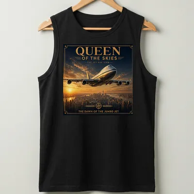 Vintage poster-style T-shirt featuring a jumbo jet and retro text. — printed on a tank top