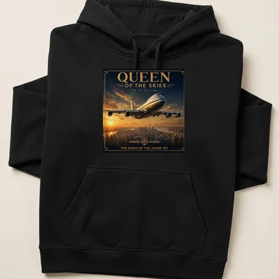 Vintage poster-style T-shirt featuring a jumbo jet and retro text. — printed on a unisex hoodie
