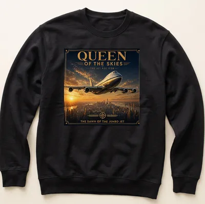 Vintage poster-style T-shirt featuring a jumbo jet and retro text. — printed on a unisex sweatshirt