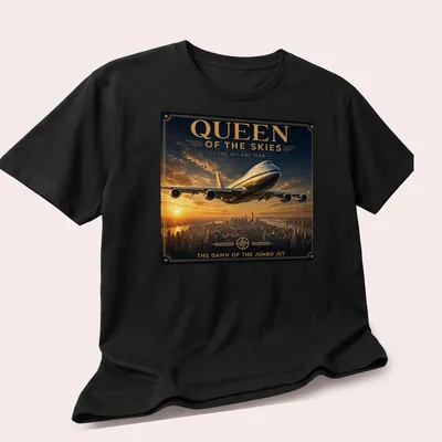 Vintage poster-style T-shirt featuring a jumbo jet and retro text. — printed on a unisex t-shirt (angled view)
