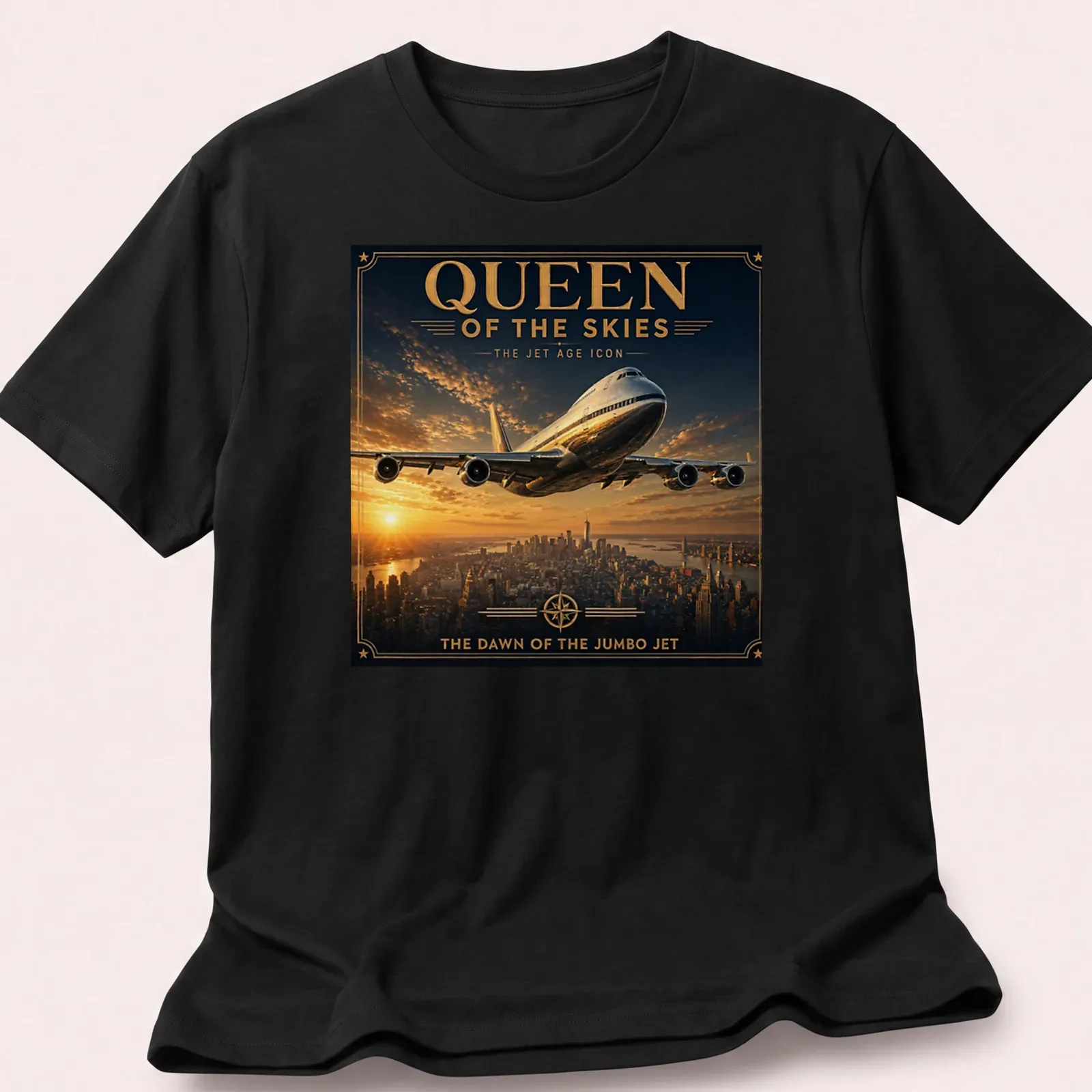 Vintage poster-style T-shirt featuring a jumbo jet and retro text. — printed on a unisex t-shirt