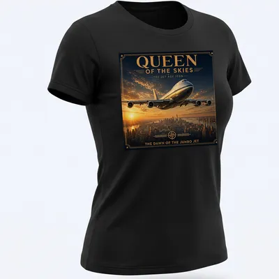 Vintage poster-style T-shirt featuring a jumbo jet and retro text. — printed on a women's shirt