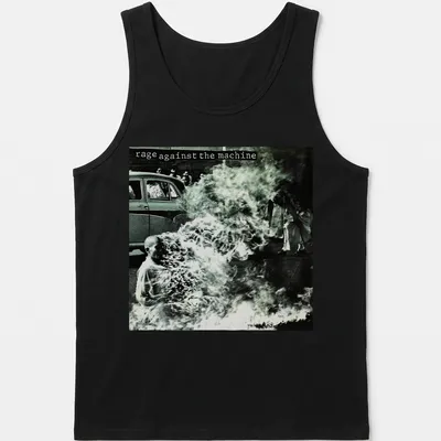 Vintage photo print of a protest with text 'rage against the machine' in black and white — printed on a tank top
