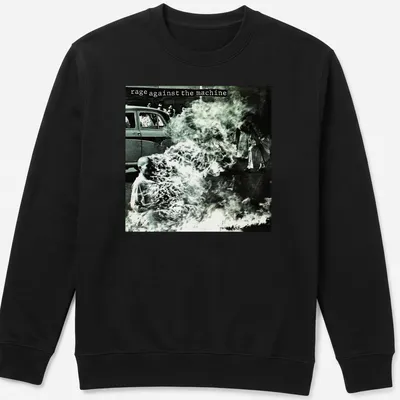 Vintage photo print of a protest with text 'rage against the machine' in black and white — printed on a unisex sweatshirt