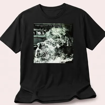 Vintage photo print of a protest with text 'rage against the machine' in black and white