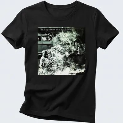 Vintage photo print of a protest with text 'rage against the machine' in black and white — printed on a women's shirt