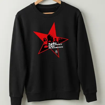 Vintage Red Star T-shirt featuring Rage Against The Machine band members — printed on a unisex sweatshirt