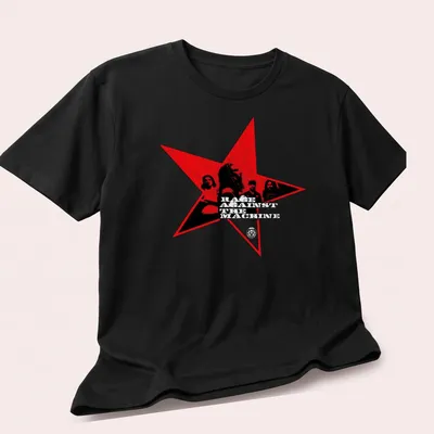 Vintage Red Star T-shirt featuring Rage Against The Machine band members — printed on a unisex t-shirt (angled view)