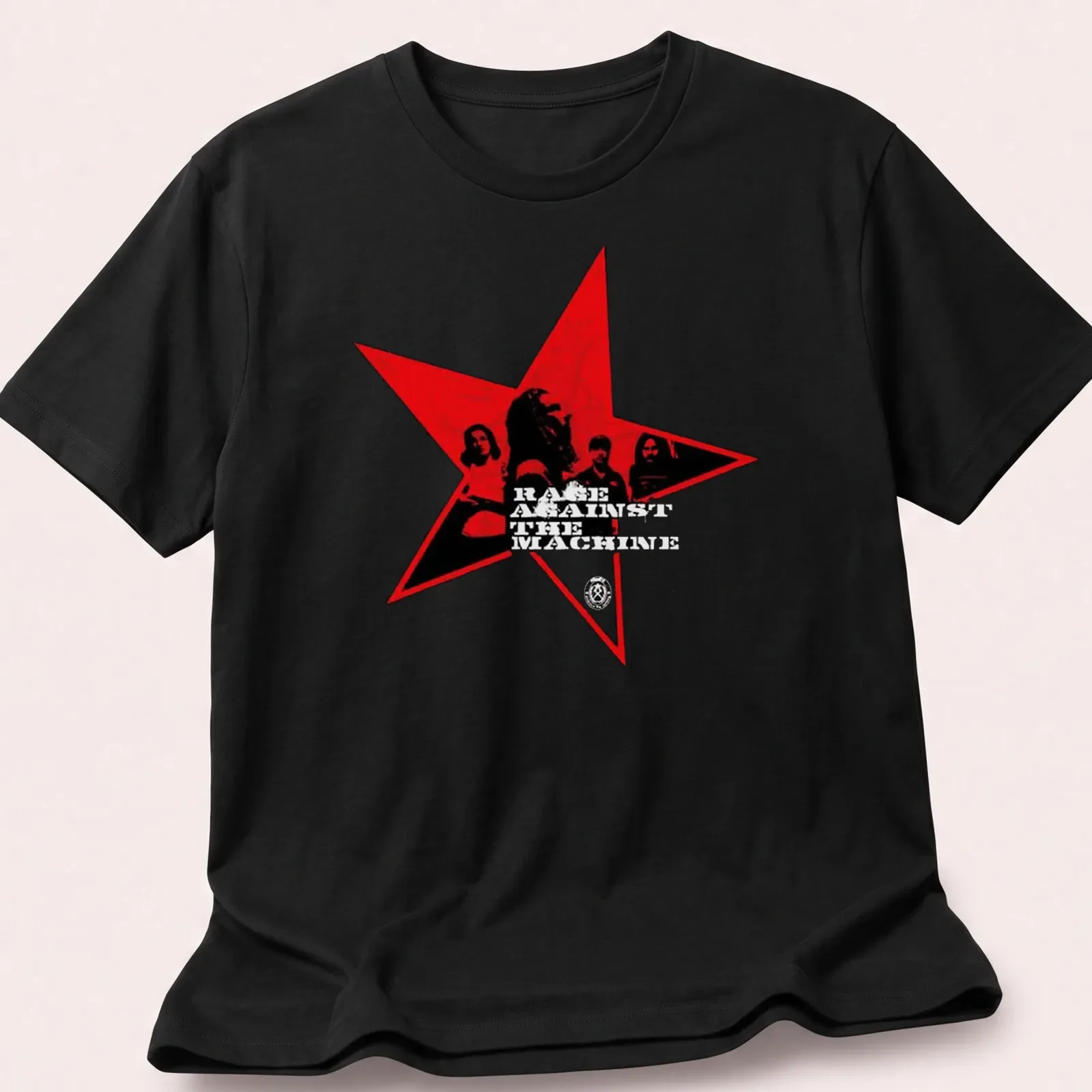 Vintage Red Star T-shirt featuring Rage Against The Machine band members — printed on a unisex t-shirt