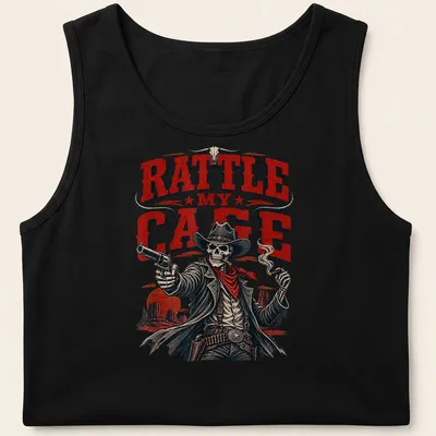 Vintage western style shirt featuring skeleton cowboy and bold text. — printed on a tank top